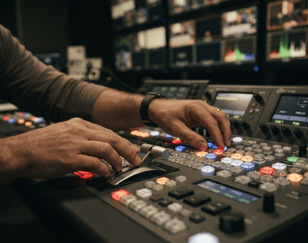 Technician operating a production switcher during a live broadcast.