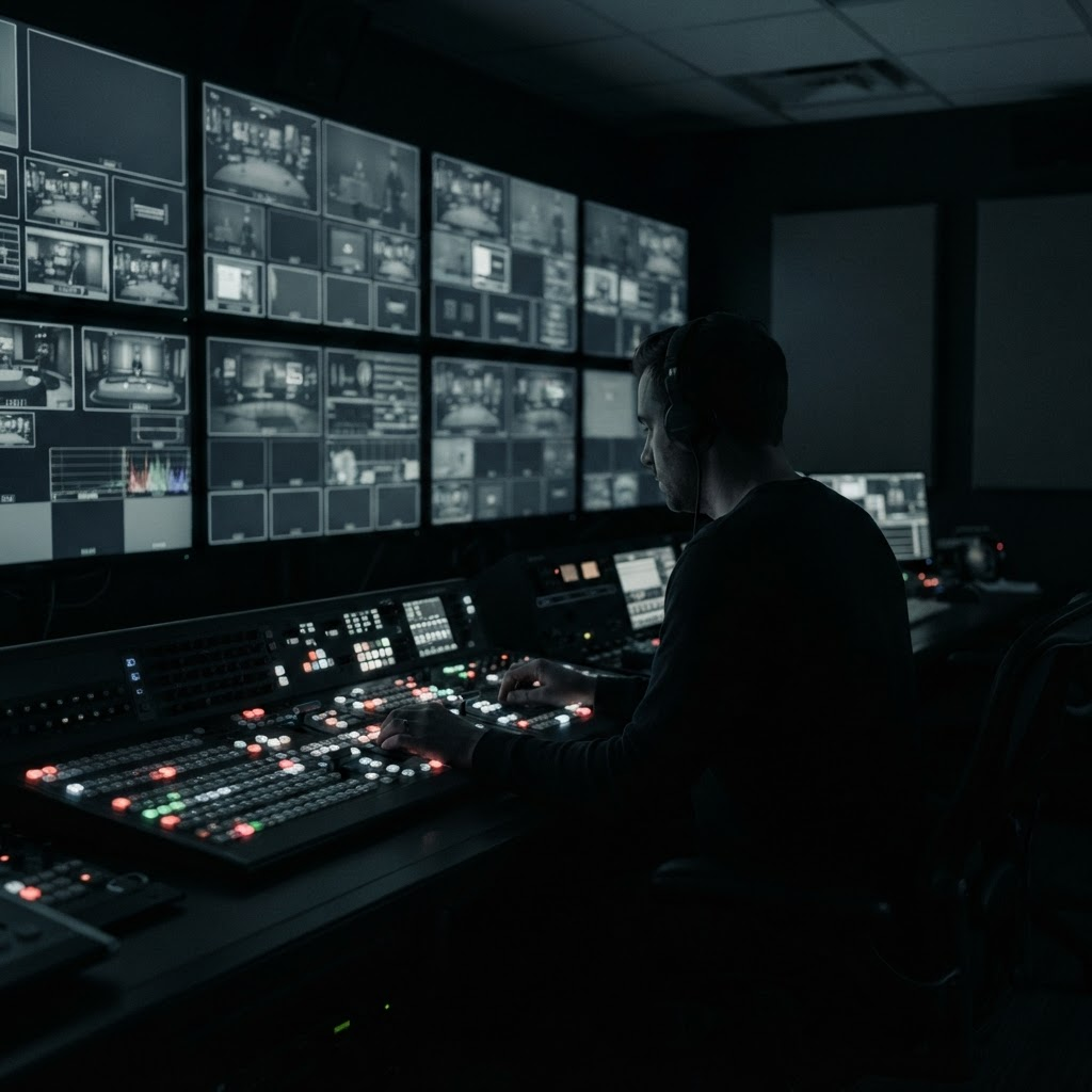 Técnico de DEG operando una mesa de realización en una sala de control broadcast