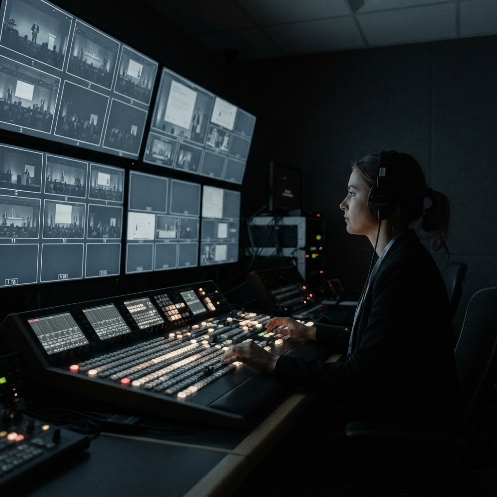 Technical crew operating a multi-camera production control during a live production.